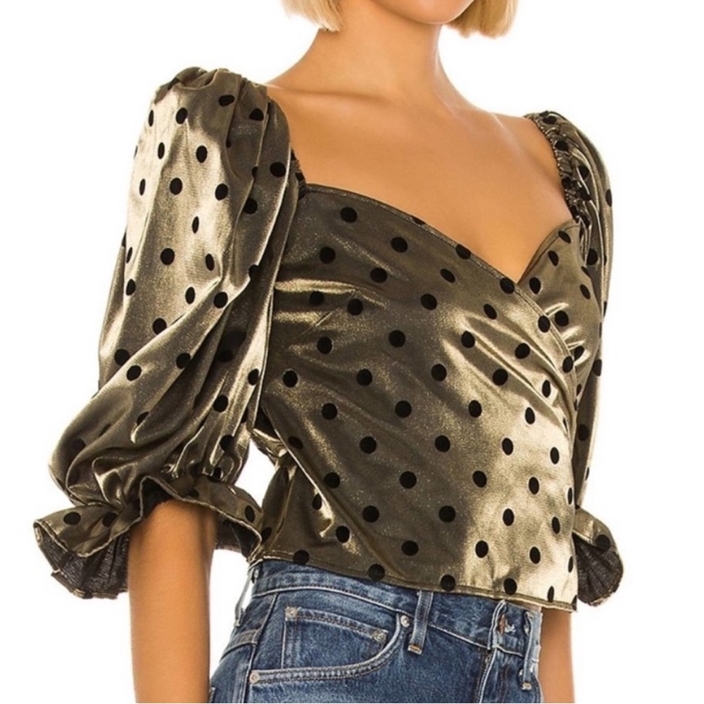 NWT LPA Coco Gold and Black Puffy Sleeve Polka Dots Wrap Top, Size Small